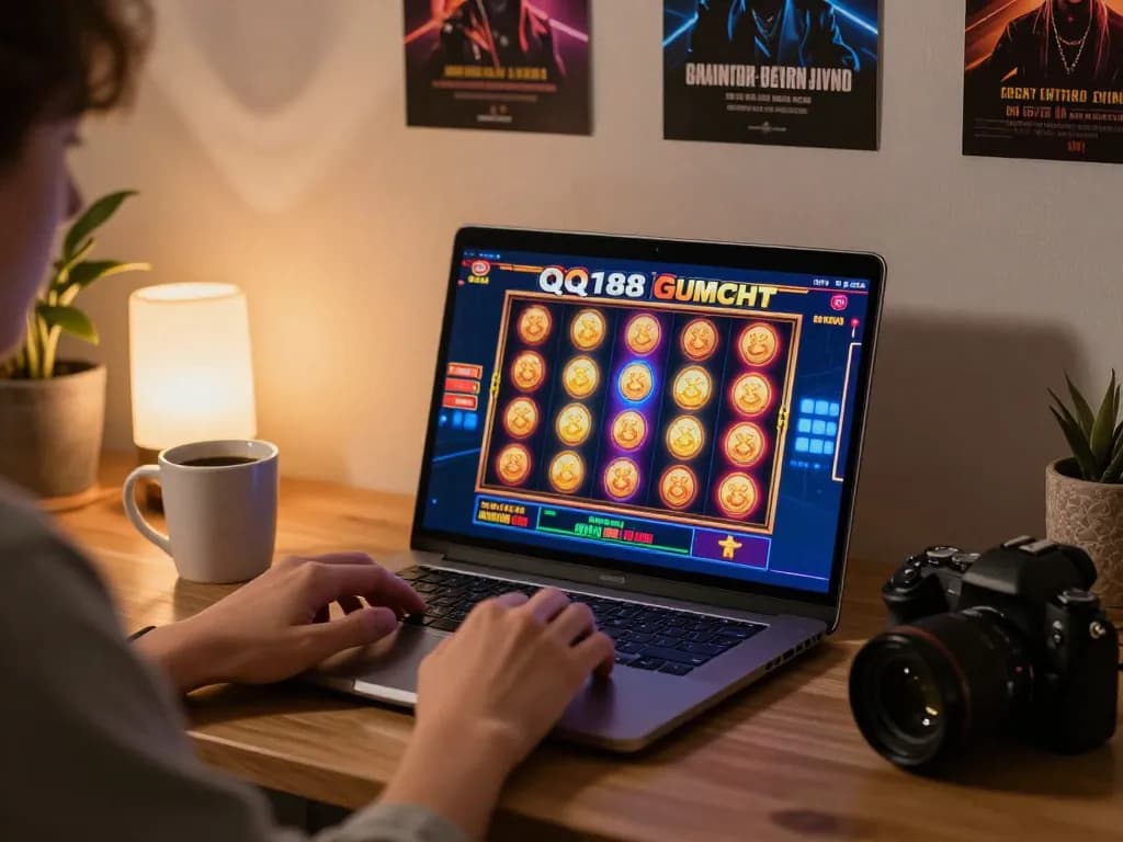 Memainkan Slot QQ188 di laptop dalam pengaturan permainan yang nyaman, menekankan perjudian online yang bertanggung jawab.