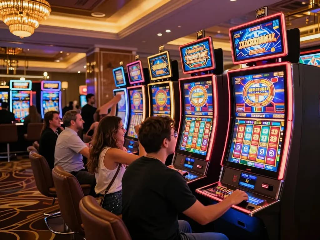 Agen Slot88 players enjoying vibrant slot machine games in a lively casino atmosphere
