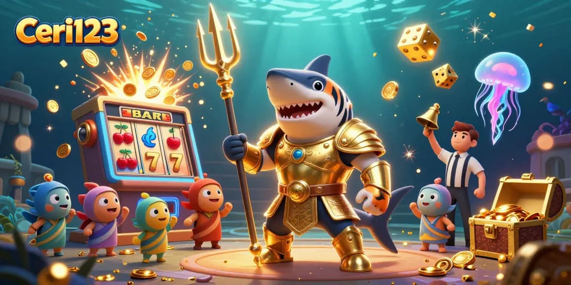 Ceri123 offers thrilling casino action with a jackpot scene featuring a golden shark and slot elements.