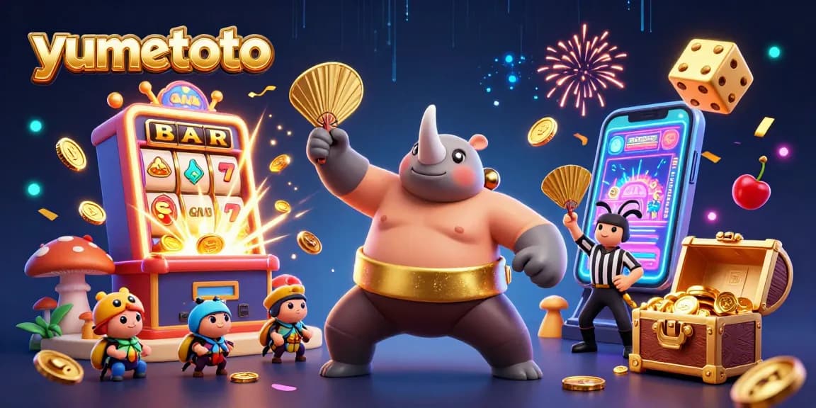 Experience the excitement of yumetoto casino with a dynamic scene featuring fun characters, slot machines, and colorful game elements.