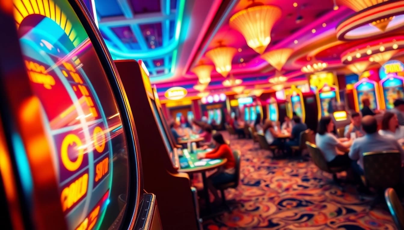 Putar slot di mesin slot klasik dengan suasana kasino yang ramai dan ceria.