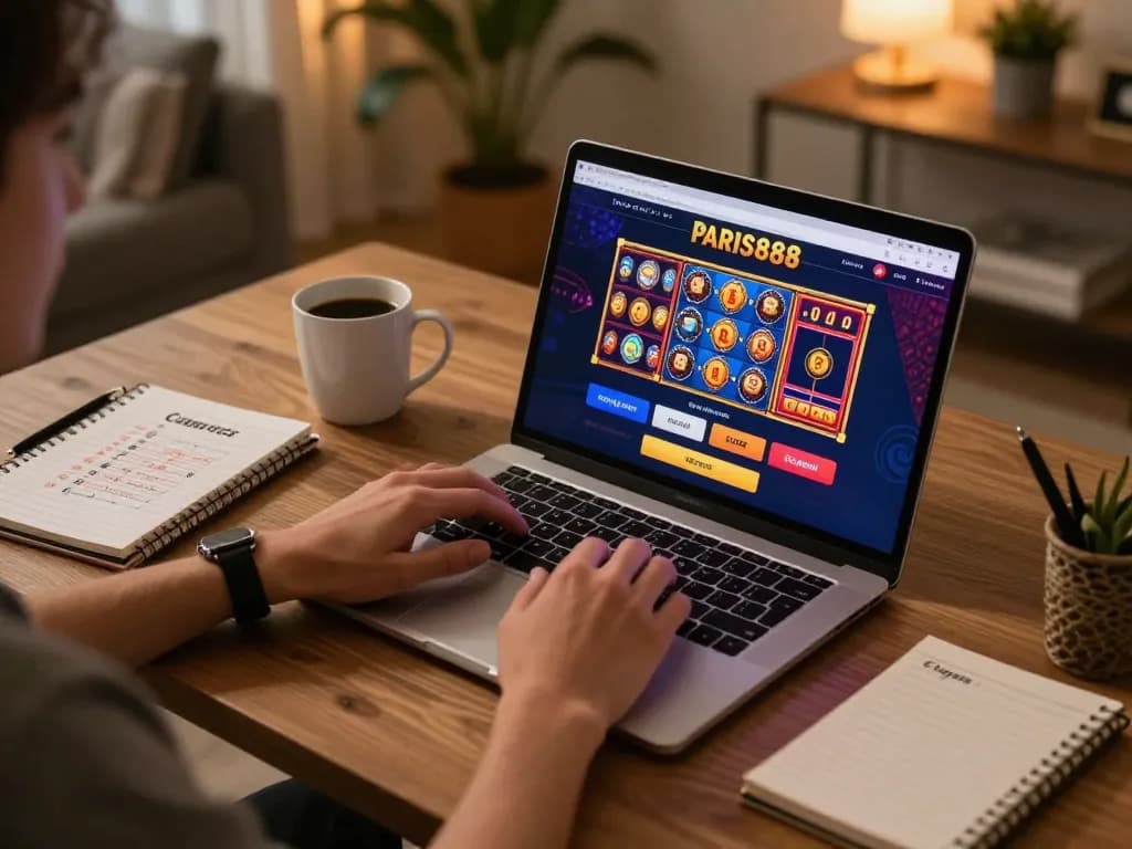 Menghadapi permainan online di paris888, menampilkan pengaturan modern dengan laptop dan strategi taruhan.