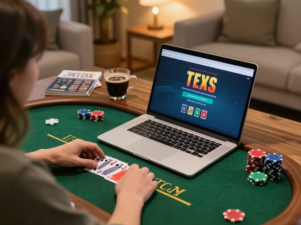 Engaging in an online game of Texas Hold'em using a laptop while practicing strategies for link slot gacor.