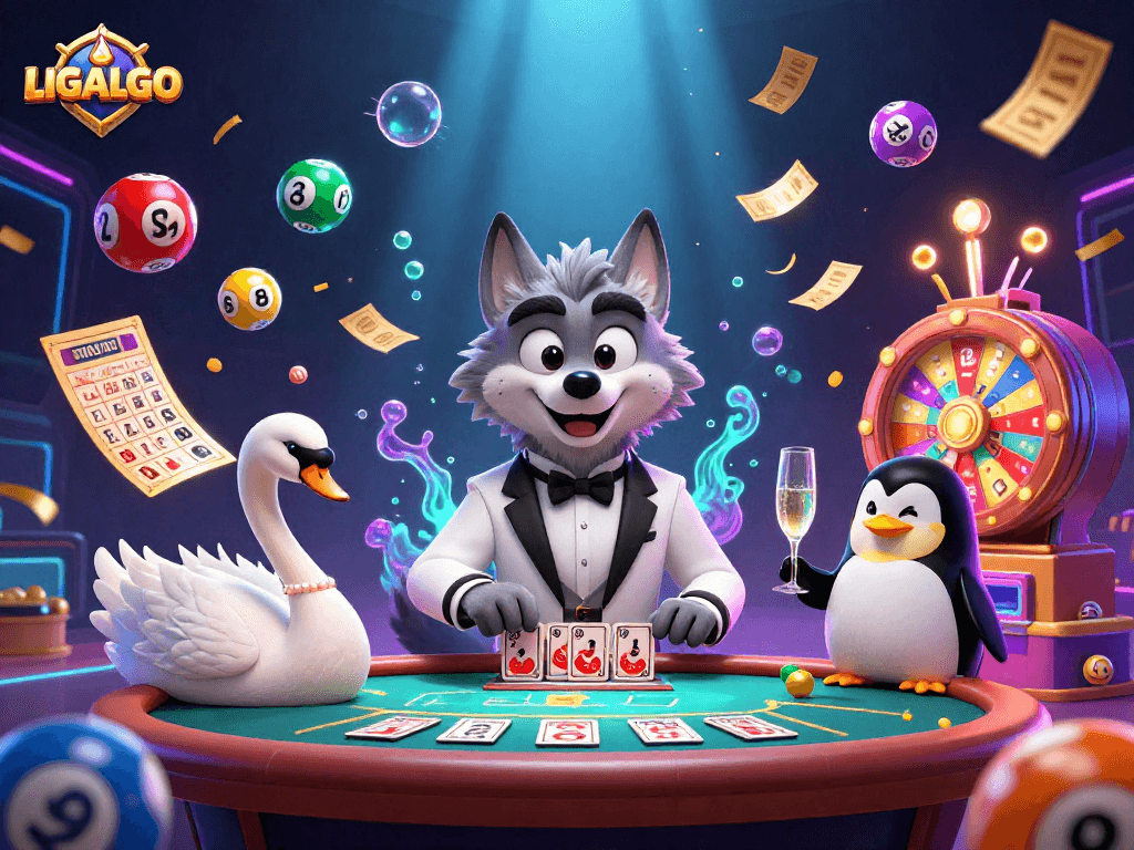 LIGALGO showcases a vibrant casino scene with a debonair wolf, elegant swan, and penguin presenting winning opportunities.