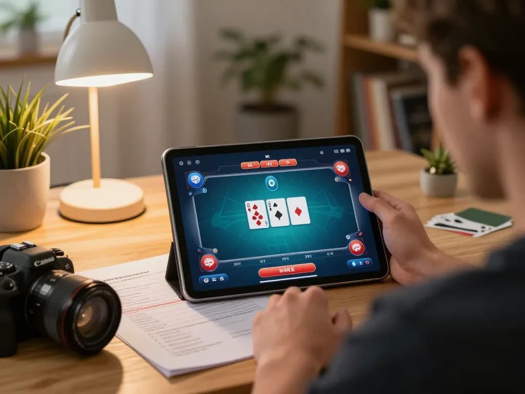 Pemain HOKI368 merencanakan strategi selama permainan poker online di tablet, fokus pada kemenangan