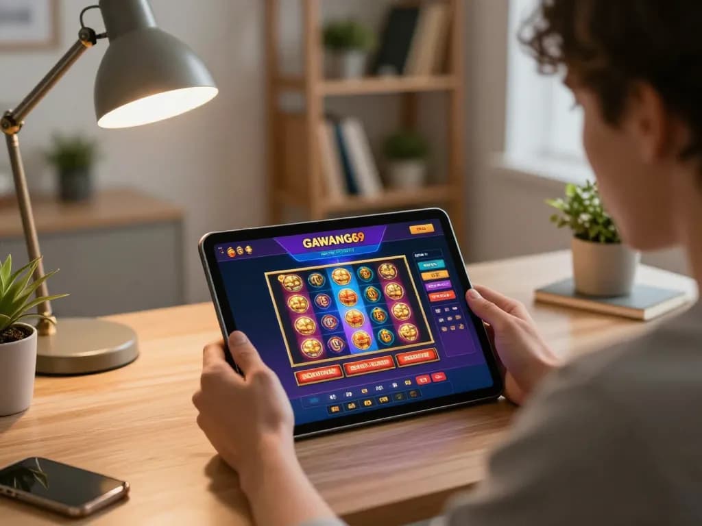 Engaging user exploring GAWANG69 online casino platform on tablet in modern home office.