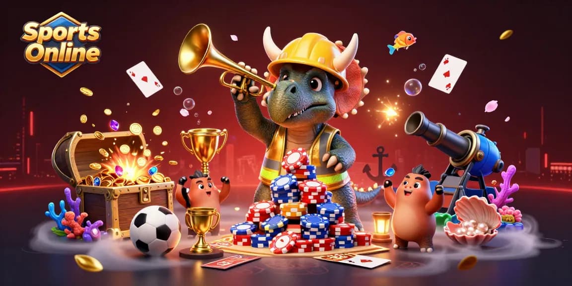 Place bets on Sports Online with excitement as cartoon characters cheer amid gaming elements and treasures.