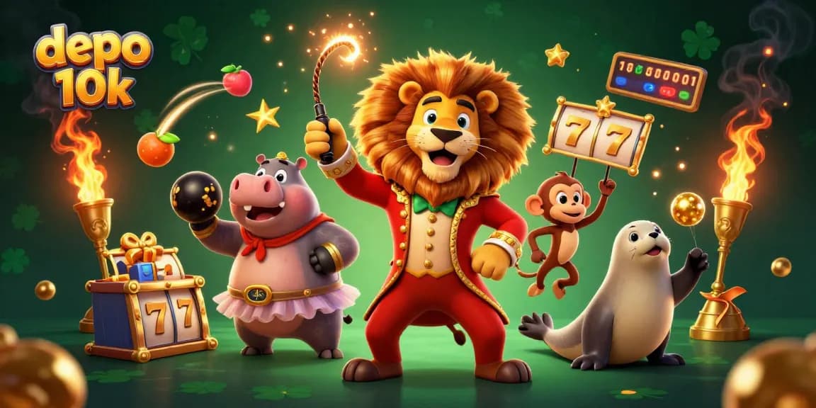 Spin and win with depo 10k as circus characters celebrate big wins in a vibrant slot game setting.