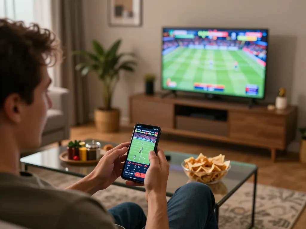 Max79 user engaging with online sports betting app in a cozy home environment, showcasing excitement and strategy.
