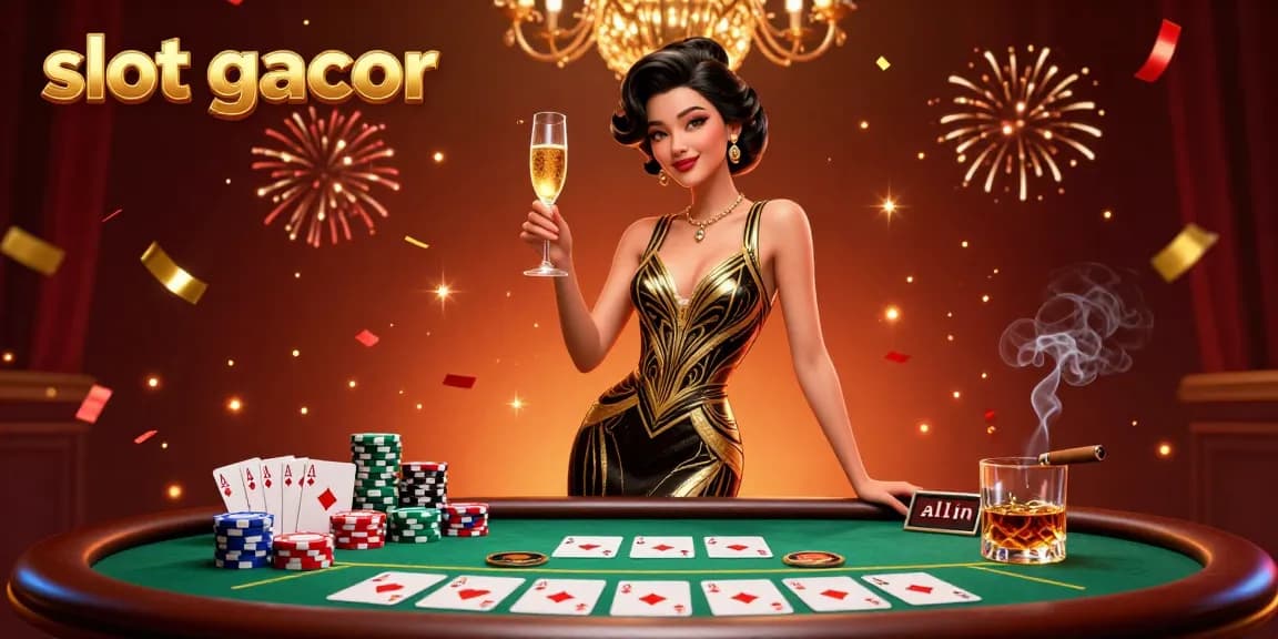 Engage with slot gacor in a glamorous casino scene filled with vibrant poker elements and celebratory effects.