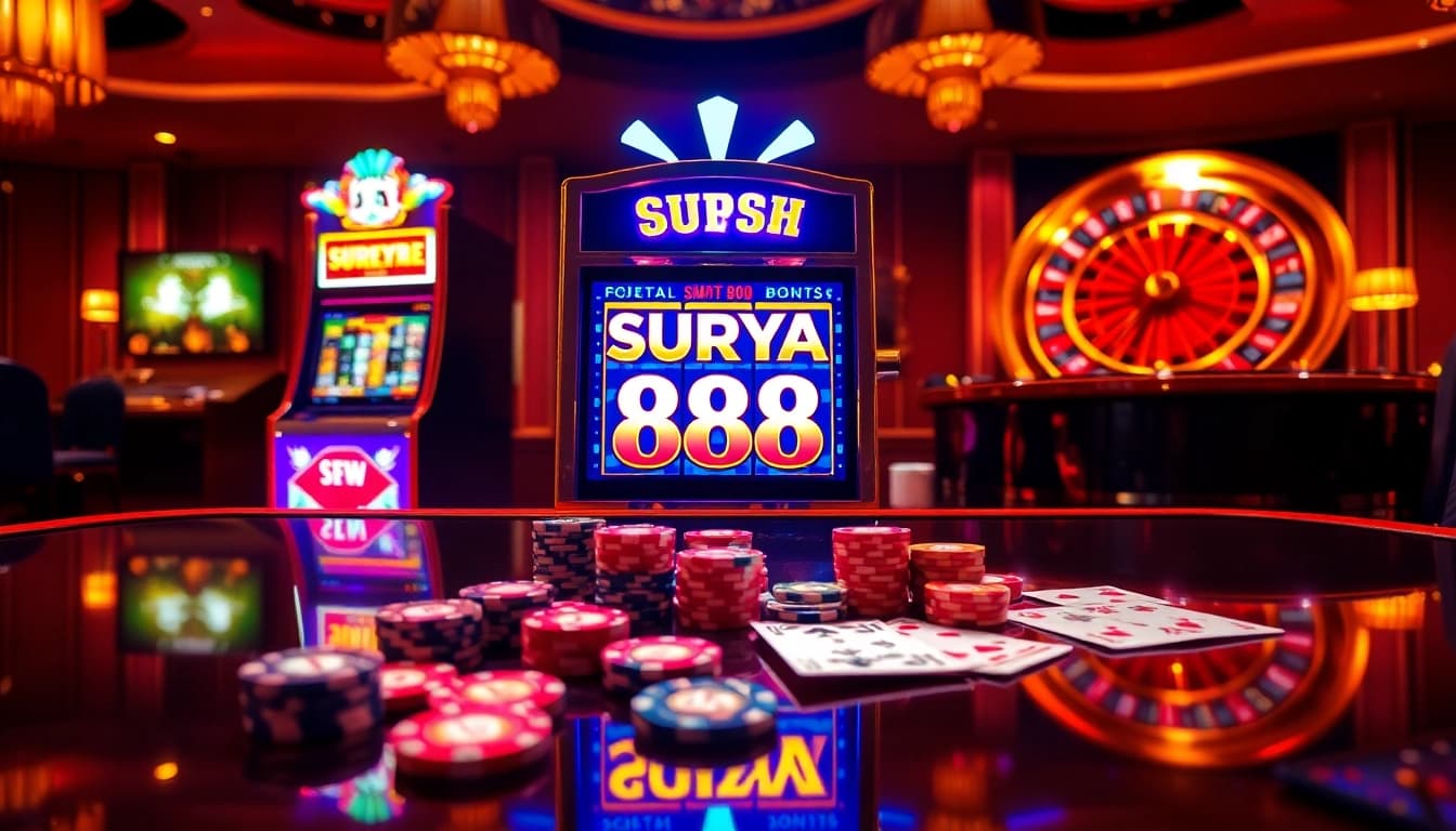 Experience thrilling gameplay at SURYA 88's vibrant slot machine in a luxury casino setting.