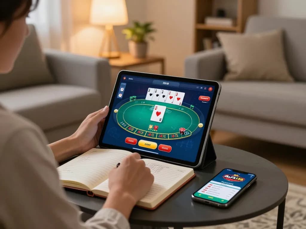 Main poker online dengan ALFA 138 di pengaturan tablet yang nyaman, menekankan permainan strategis di rumah.