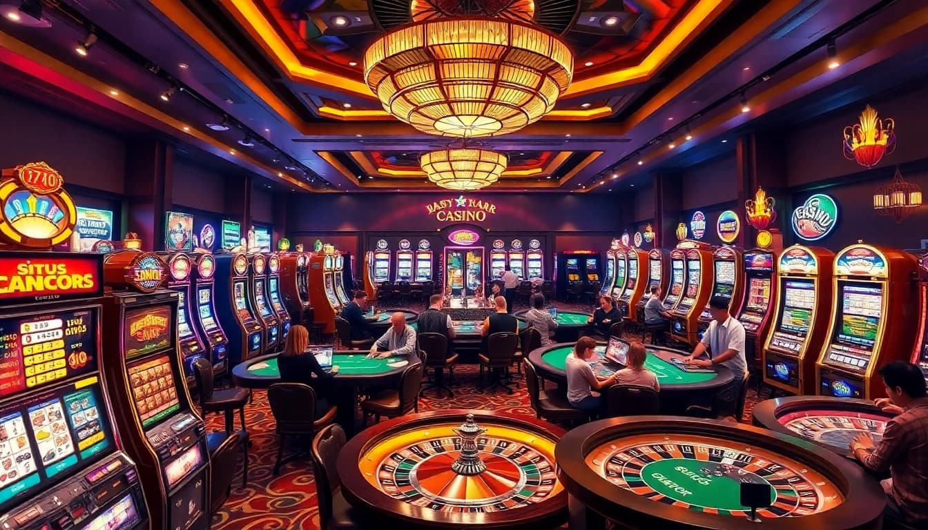 Rasakan situs gacor saat para pemain terlibat dalam aktivitas permainan kasino yang seru dengan chip poker berwarna-warni dan meja kasino.