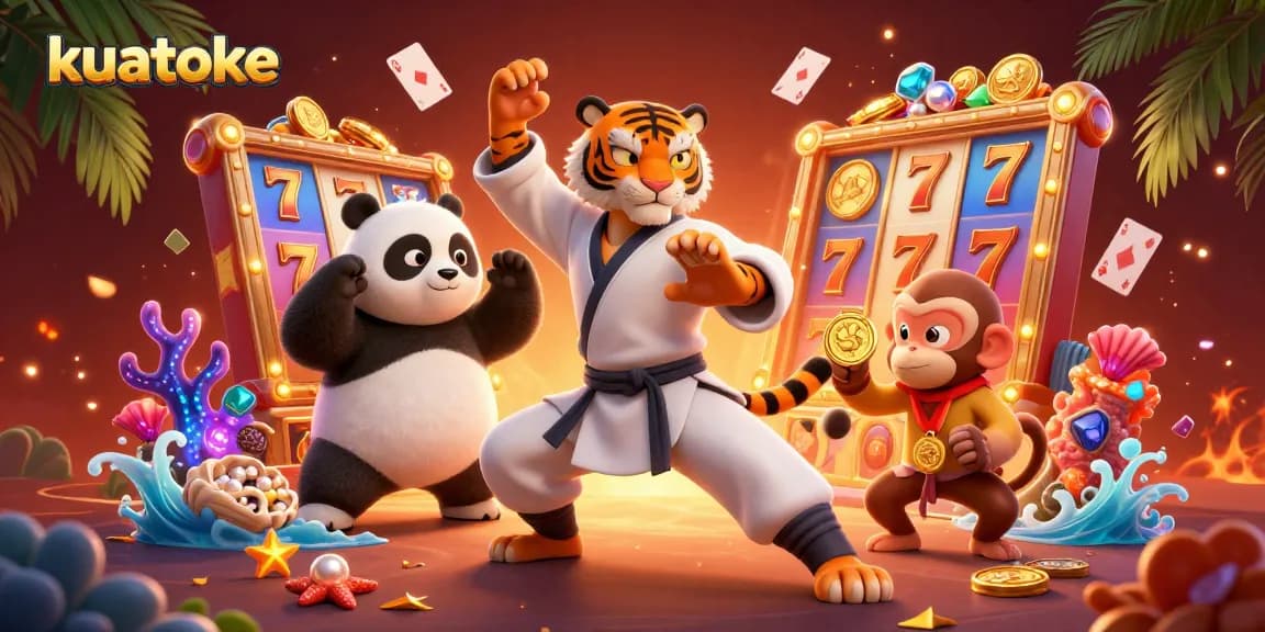 Kuatoke showcases a dynamic scene of vibrant slot machines, lucky 7s, and animated characters in an engaging casino setting.