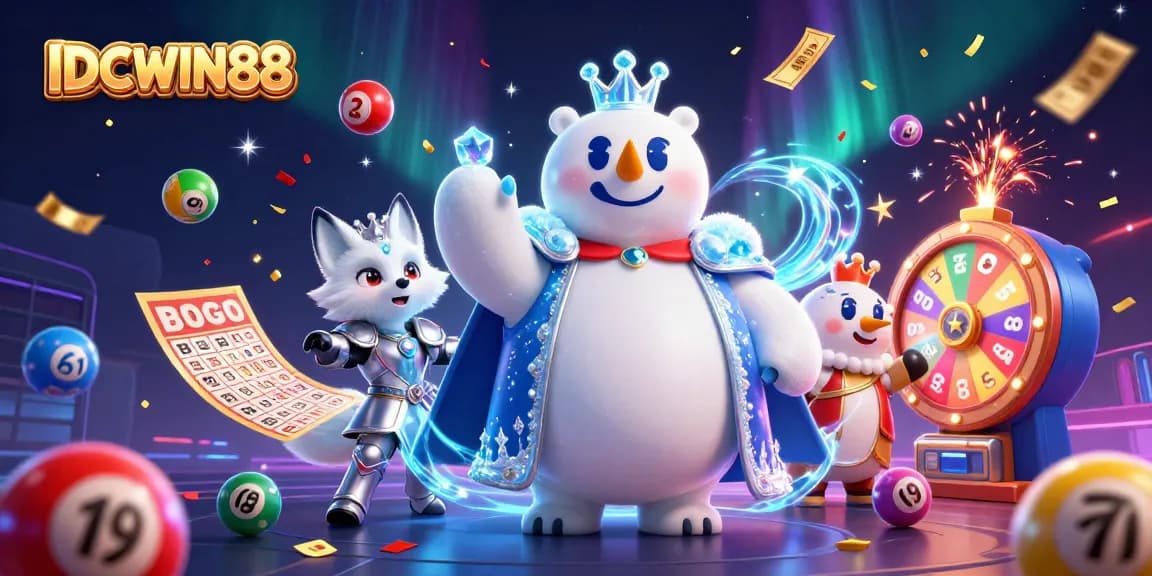 IDCWIN88 showcases a vibrant polar bear and snow fox amidst a burst of colorful lottery elements.