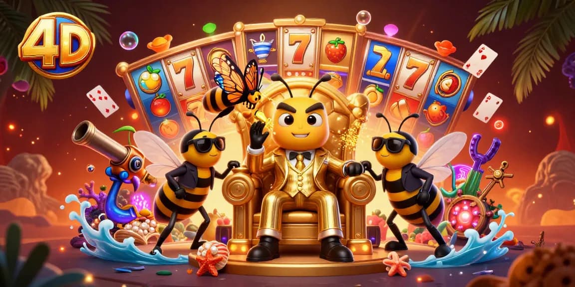 Experience the thrill of 4D slots with vibrant characters and sparkling jackpots in this dynamic 3D illustration.