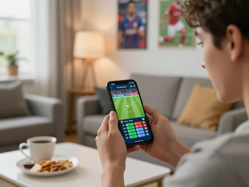 Engaging in live sports betting on fly888 with smartphone, capturing excitement during the match