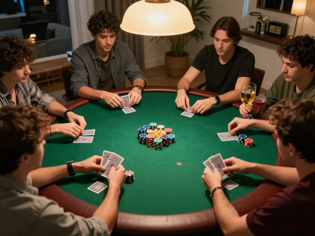 Engaging poker scene featuring friends strategizing during Đăng nhập Luckywin, illuminated by warm lighting and surrounded by chips and cards.
