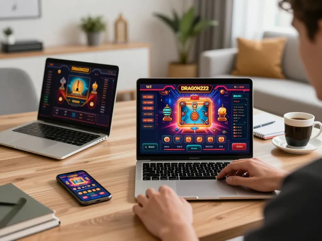 Person using DRAGON222 platform on laptop, showcasing online slots gaming strategy in stylish home office.