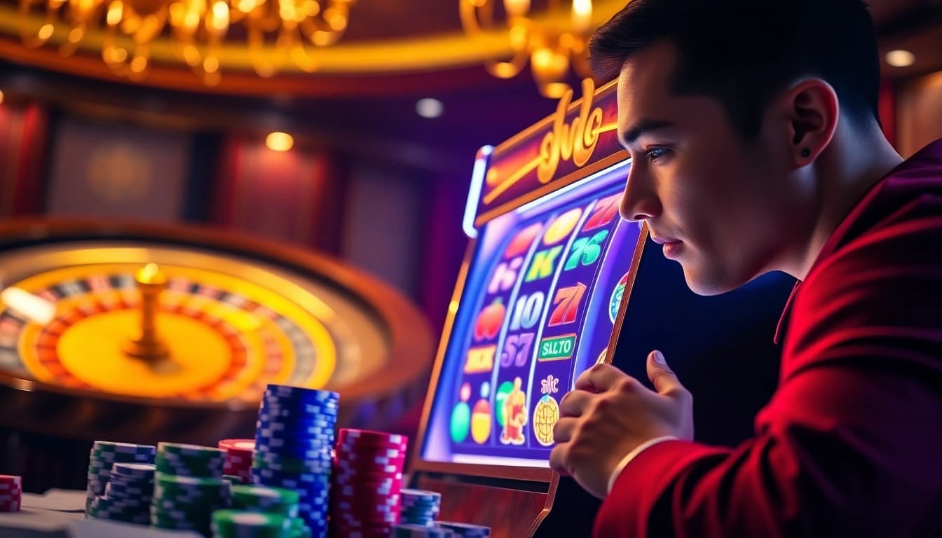 Engaging player at a luxurious slot machine, showcasing excitement in the world of nama nama situs judi slot online.
