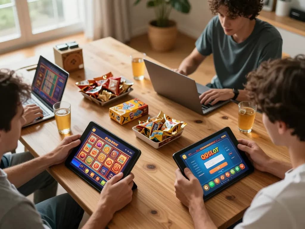 Players enjoying online gaming with QQSLOT login on tablets and snacks around