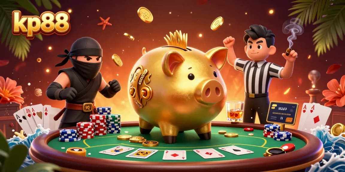 Experience the excitement of kp88 with a golden piggy bank sumo wrestler and casino action.