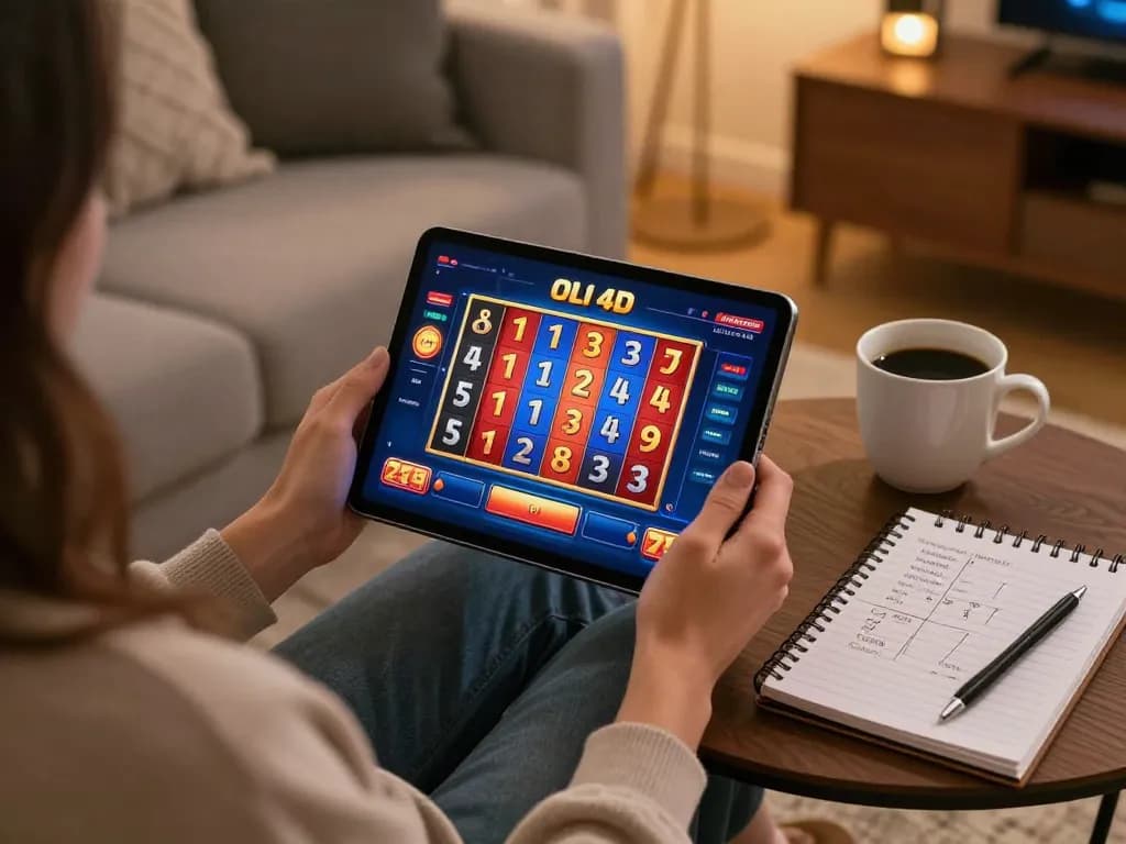 Engaging in oli 4d slot gaming on a tablet in a relaxed home setting with strategy notes.