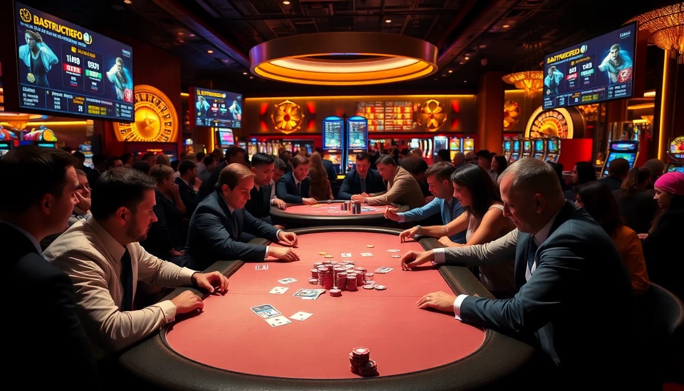 Experience the thrill of gambling at https://dagatructiepp.casino/ with an exciting rock-paper-scissors match in an opulent casino setting.