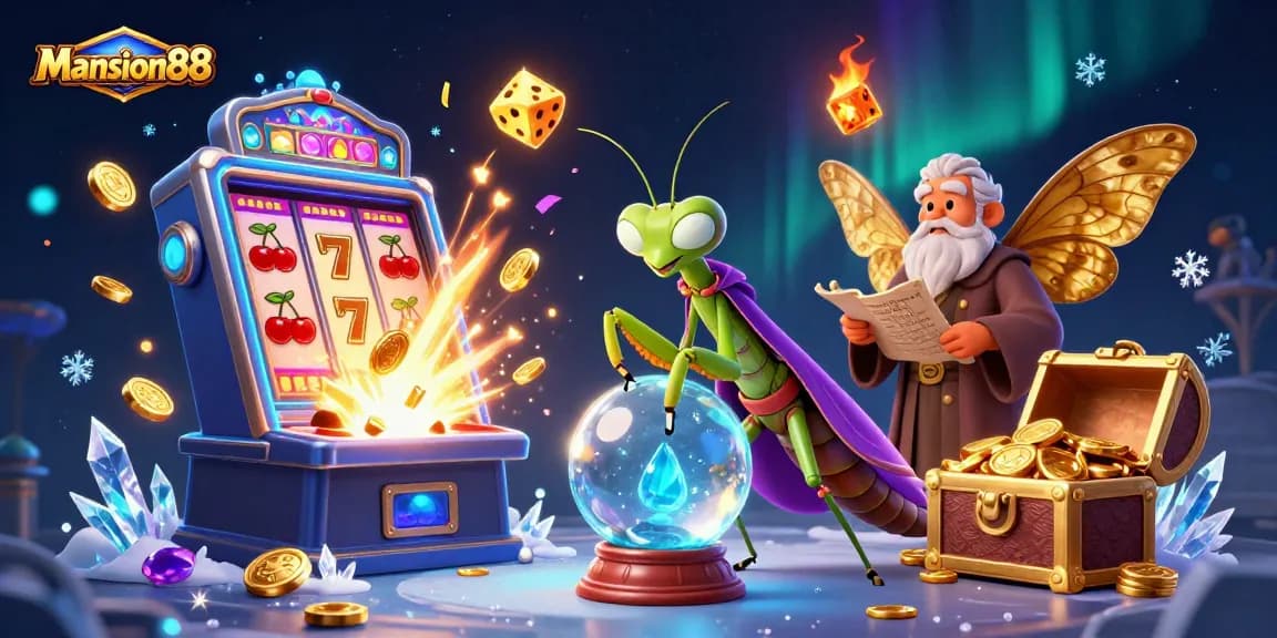 Mansion88 attracts players with a vibrant 3D illustration of fortune teller characters and thrilling casino elements.