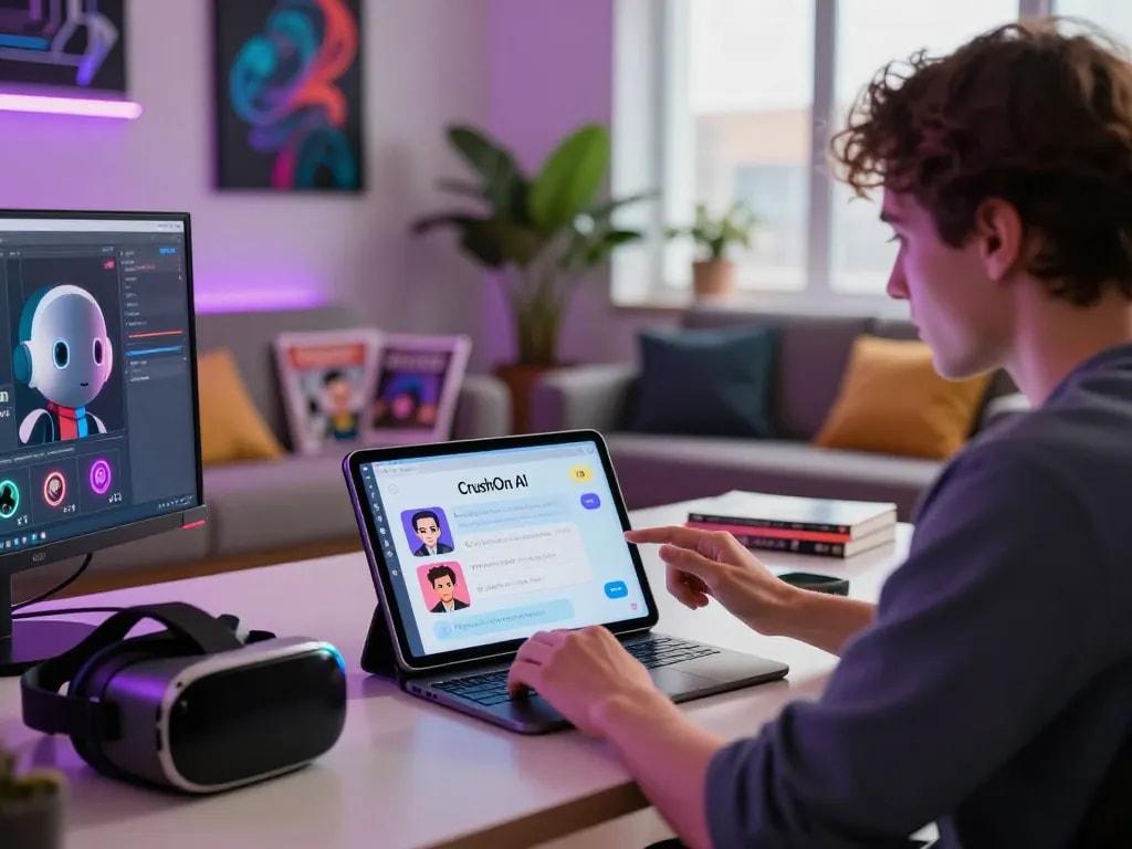 Engaging with CrushOn AI in a modern workspace setting showcasing advanced chatbot interactions and vibrant technology