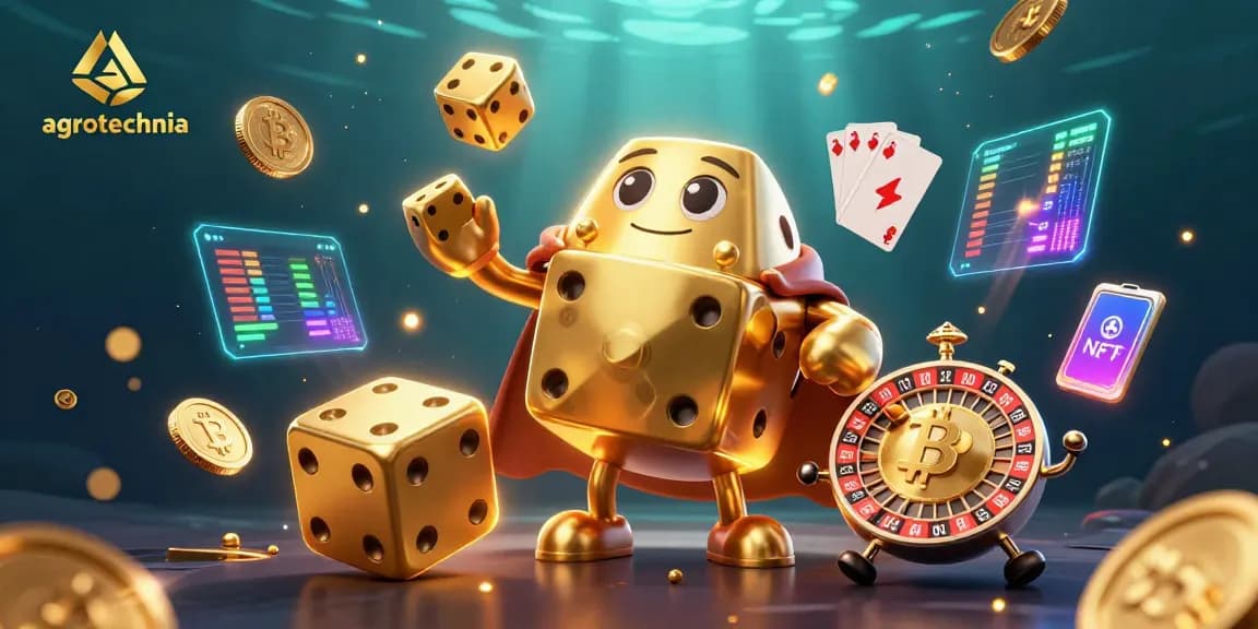 Experience exciting gameplay with agrotecnia's vibrant 3D casino illustration featuring dynamic characters and crypto elements.