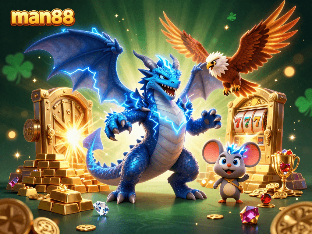 Win big at man88 with vibrant 3D casino illustration featuring dynamic characters and jewels.