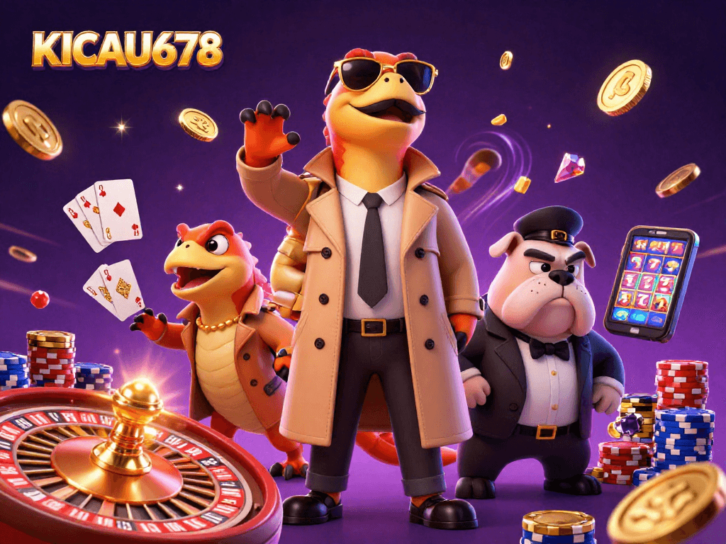 KICAU678 raptors in a trench coat comically attempting VIP casino entry, surrounded by sparkling coins and cards