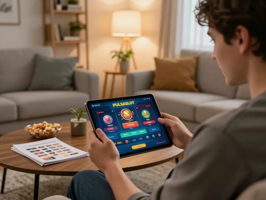 PULSASLOT player enjoying online gaming at home with tablet, surrounded by strategy notes and snacks