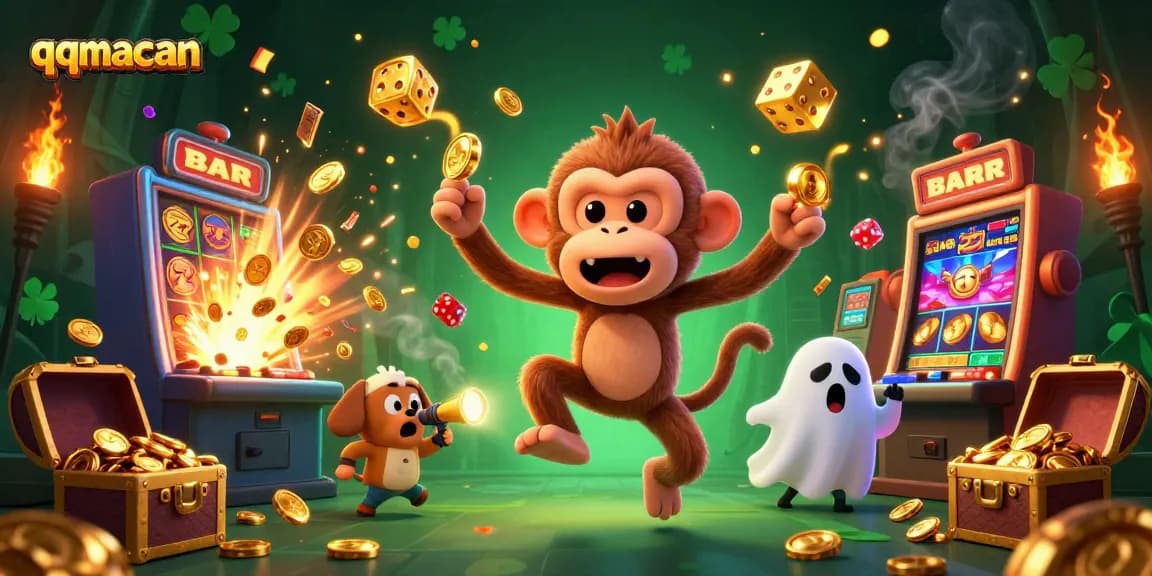 Experience the thrill of qqmacan with dynamic winning symbols and ghostly characters in a casino setting.