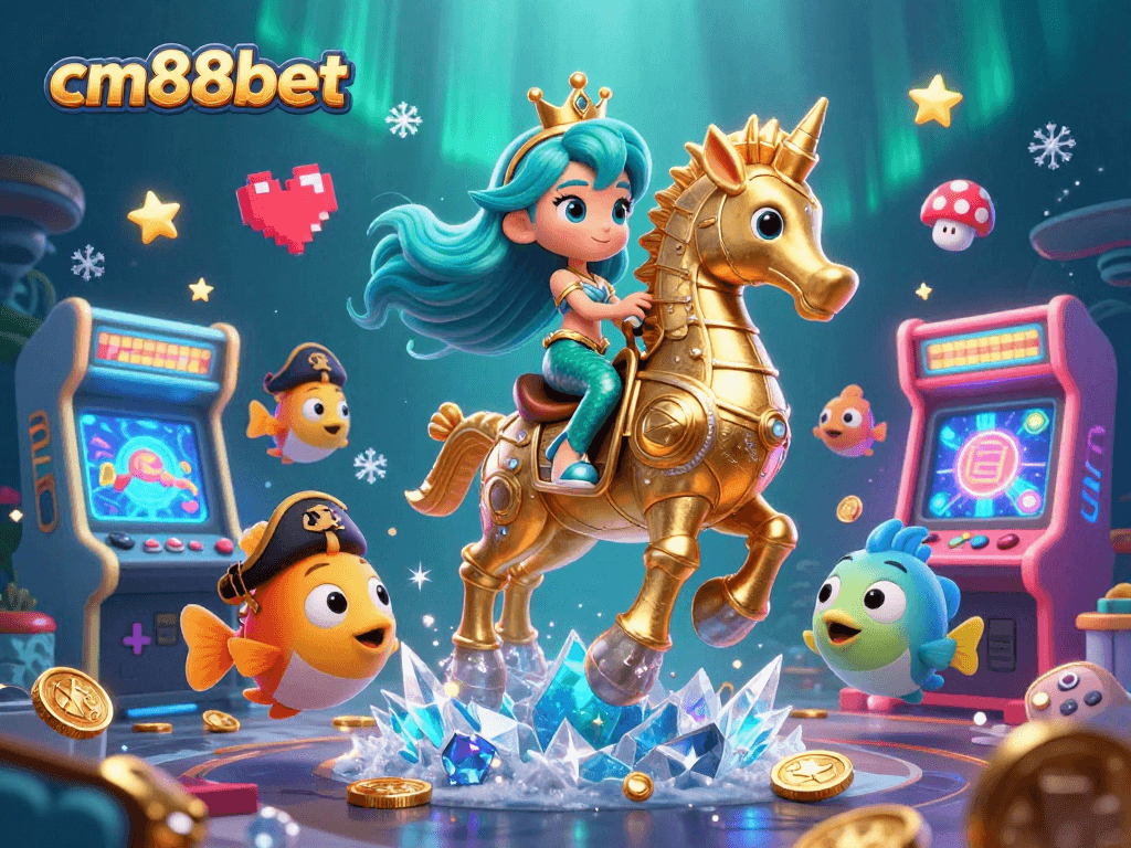Engage with cm88bet's exciting underwater gaming adventure featuring a mermaid princess and giant seahorse.