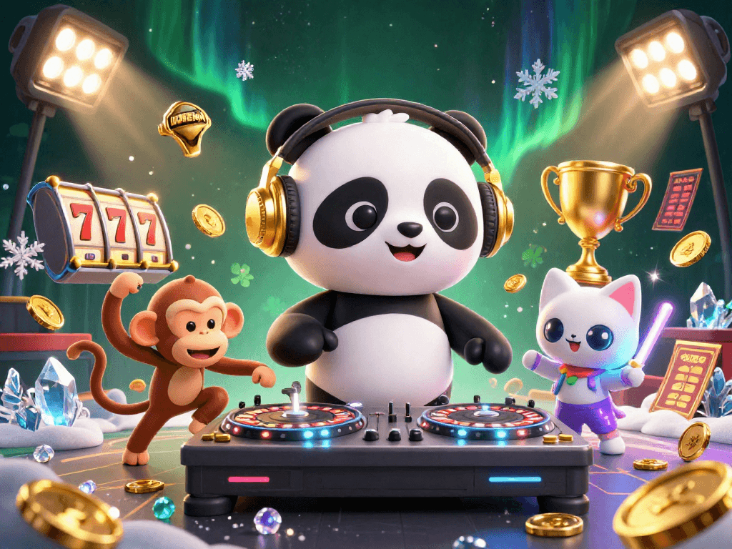 Engage with UGDEWA's vibrant casino scene featuring DJ panda, breakdancing monkey, and glowing kitten.