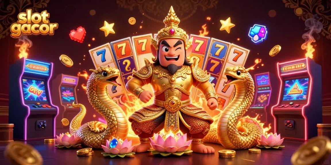 Engage with slot gacor featuring epic characters and vibrant gaming elements in a 3D casino illustration.