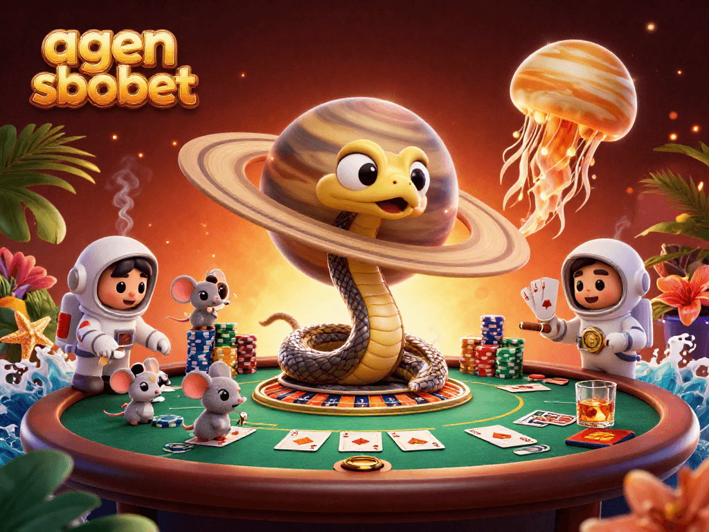 Place your bets with agen sbobet as astronaut mice spin the roulette rings in a cosmic casino scene.