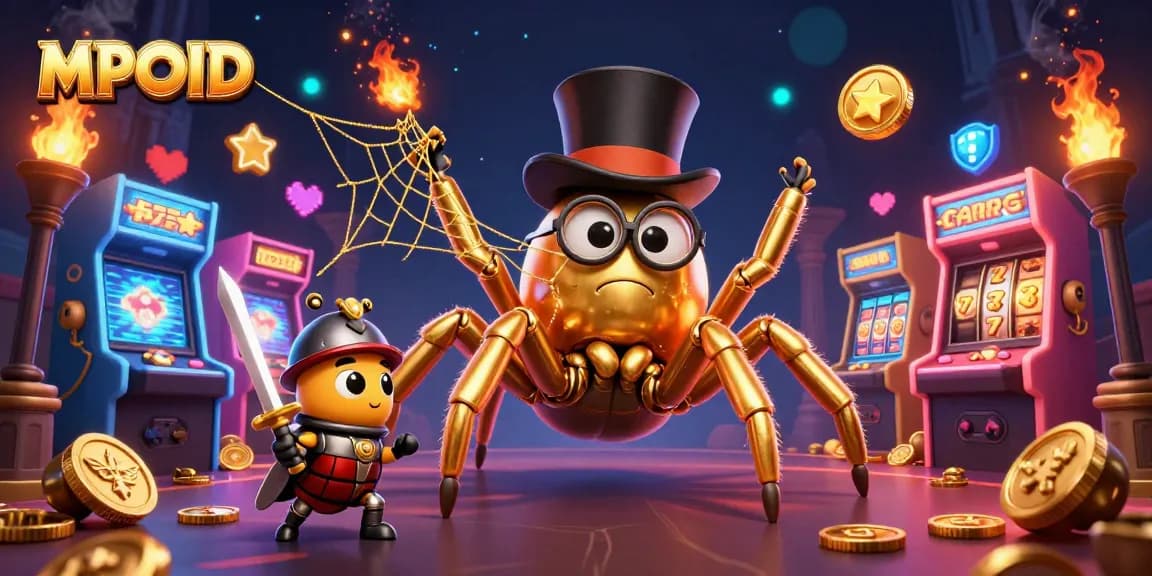 MPOID showcases a vibrant 3D scene of a golden tarantula and beetle knight amidst animated casino elements.