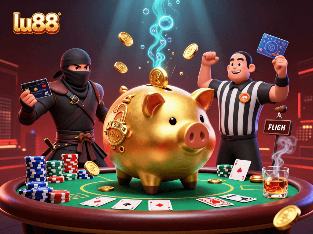 Engage in thrilling gameplay at lu88 with a dynamic 3D casino illustration showcasing an action-packed scene of a sumo wrestler piggy bank amidst poker elements.