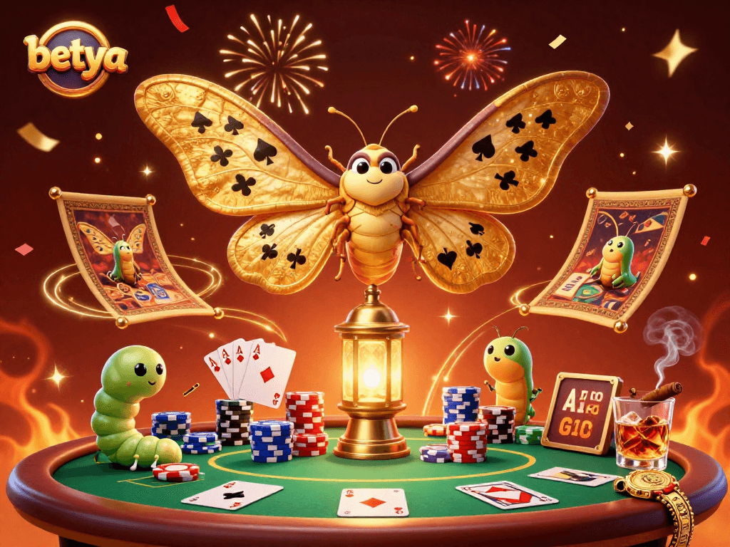 Engage in thrilling bets at Betya, with a 3D illustration of casino scenes and poker excitement.