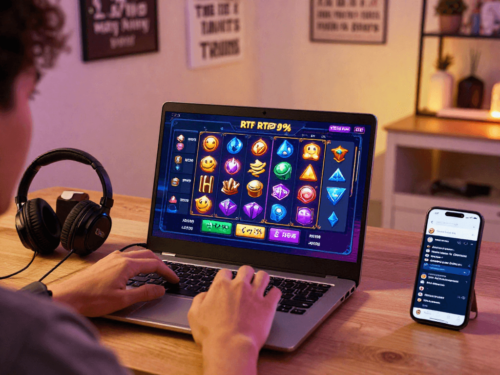 Engaging player enjoying a slot online game with visible RTP metrics in a cozy home setup.