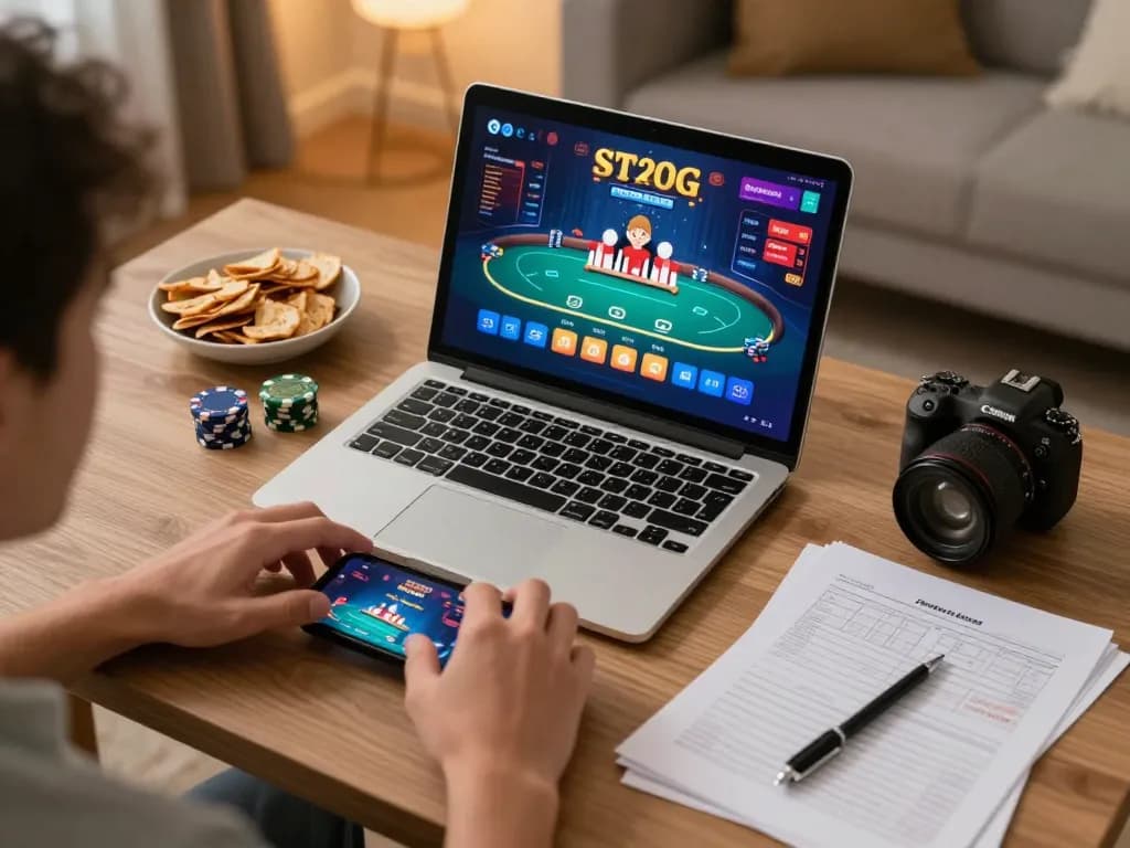 Engage with IDCASH88 Alterantif through strategic online poker gaming, showcasing a laptop and smartphone in a cozy home setting.