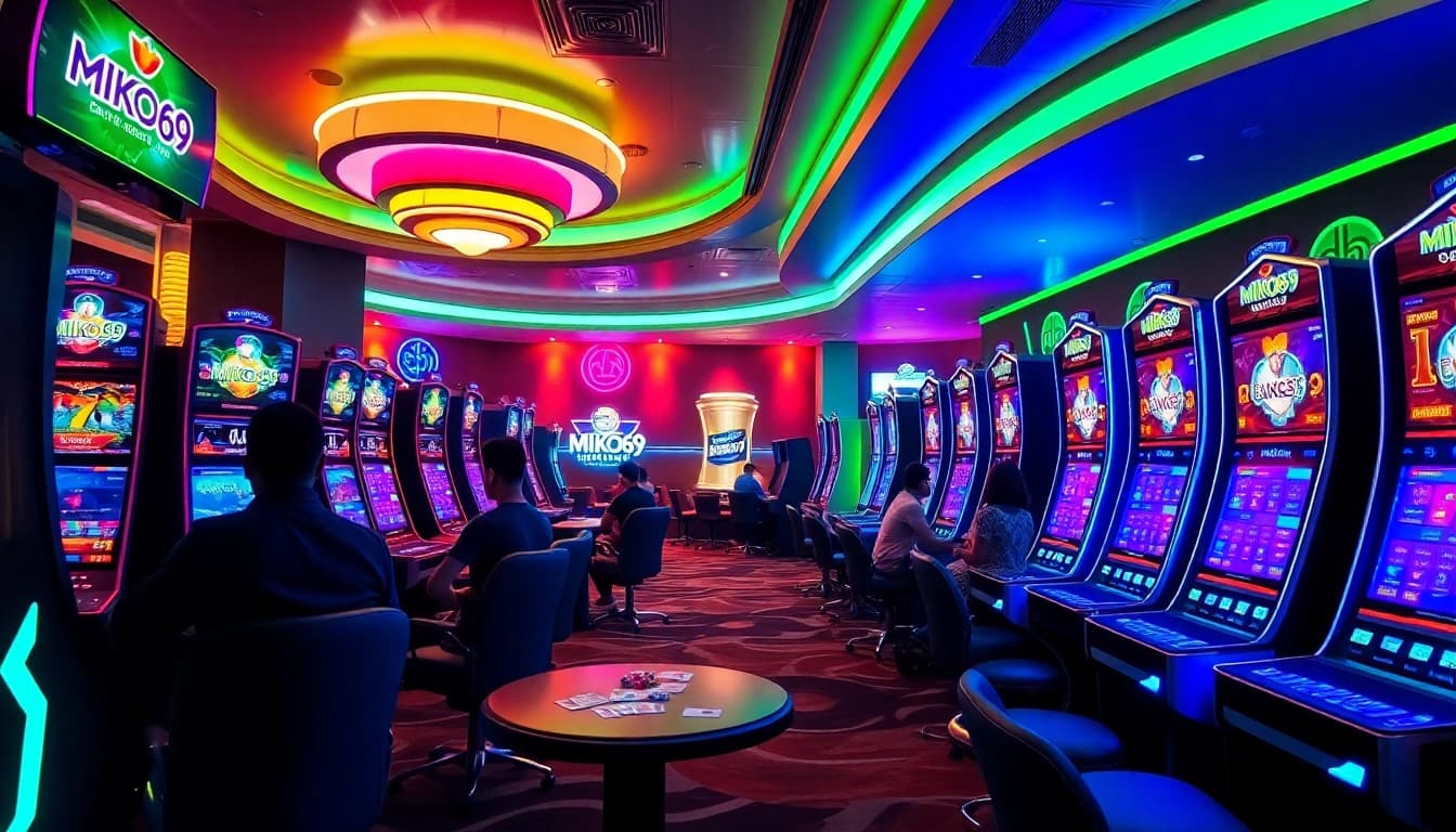 Menang besar di Miko69, suasana kasino modern dengan mesin slot canggih.