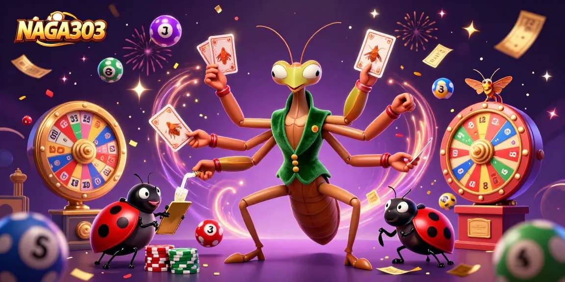 NAGA303 provides excitement with colorful lottery balls and vibrant casino elements in an engaging illustration.