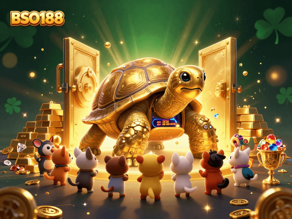 Experience winning with BSO188 in this vibrant 3D illustration of a unique pinball machine-themed tortoise.
