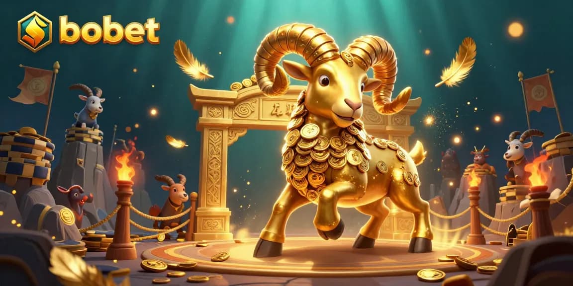 Experience sbobet betting excitement with a dynamic golden ram amidst festive gambling tokens.