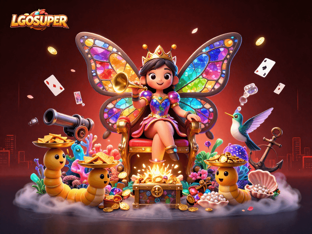 Engage with LGOSUPER's dynamic gaming scene, featuring vibrant characters and immersive casino elements.