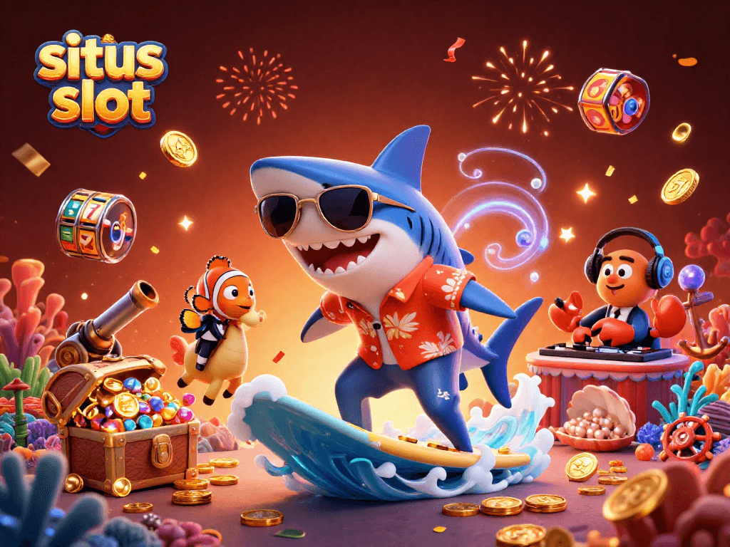 Engage with situs slot excitement as a shark surfs on coins, joined by lively aquatic friends.